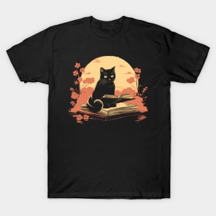 Japanese Floral Black Cat And Book Catshirt T-Shirt